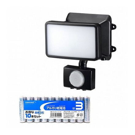 YAZAWA 乾電池式 3WLED センサーライト 1灯 + アルカリ乾電池 単3形10本パックセット