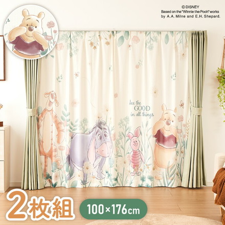 プーさん絵羽レースカーテン 2枚組 100×176cm UVカット 洗える 洗濯 プライバシー 目隠し フック付き