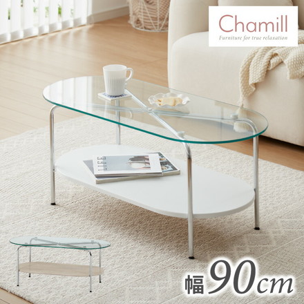 ガラスセンターテーブル 幅90cm ローテーブル 韓国風 韓国インテリア ホワイト 木目 一人暮らし ワンルーム Chamill ナチュラル