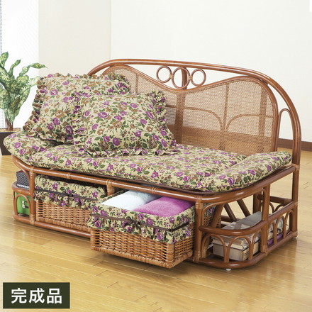 東京ラタン 天然籐ハイバックカウチソファ 幅120 クッション付き 引出し収納付き ラタン カウチソファー 収納ソファ