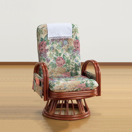 天然籐リクライニングハイバック回転座椅子 ミドルタイプ 座椅子 回転 肘掛け付き