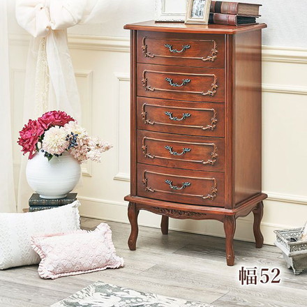 猫脚チェスト 5段 アンティーク調 幅52cm マホガニー 引き出し 棚 収納棚 電話台 FAX台 収納 可愛い