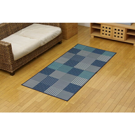 純国産 い草花ござカーペット 『京刺子』 ブルー 江戸間1畳（約87×174cm）