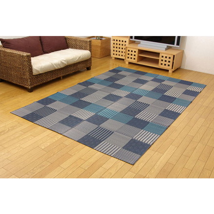 純国産 い草花ござカーペット 『京刺子』 ブルー 本間3畳（約191×286cm）