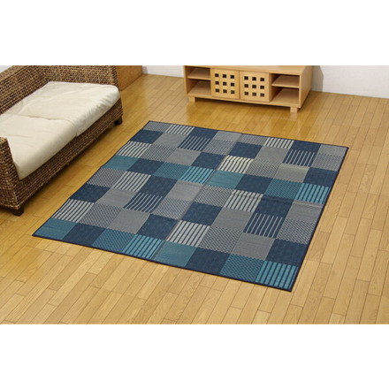 純国産 い草花ござ 『DX京刺子』 ブルー 江戸間2畳（約174×174cm）（裏:不織布）