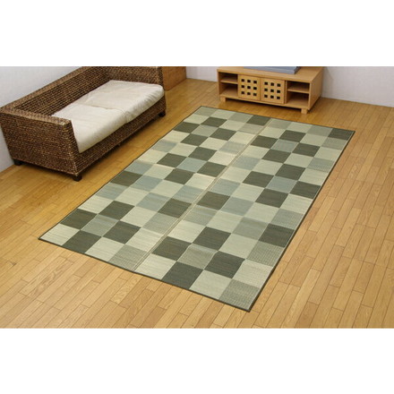 純国産 い草花ござカーペット 『ブロック』 グリーン 江戸間8畳（約348×352cm）