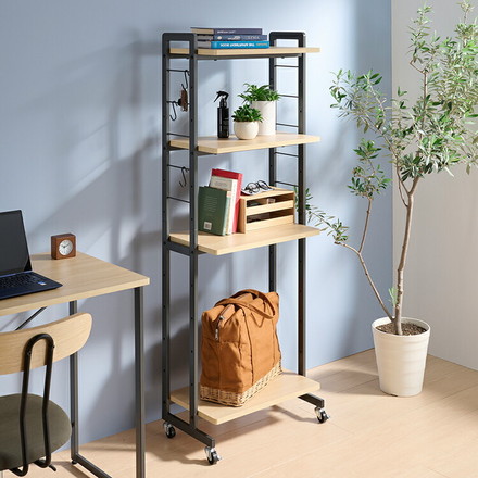 オープンラック 幅53 奥行30 高さ146.5cm キャスター付き 可動棚 S字フック付き 収納ラック 4段 デスク