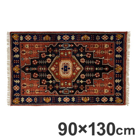 ラグ 90×130cm 柄 トライバル 部族絨毯風 ウール コットン 天然素材