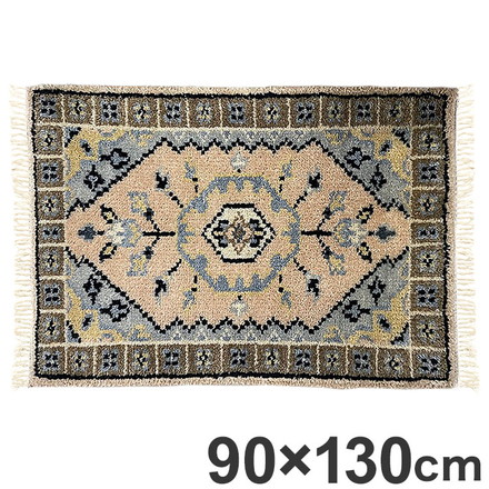ラグ 90×130cm 花柄 トライバル 部族絨毯風 ウール コットン 天然素材