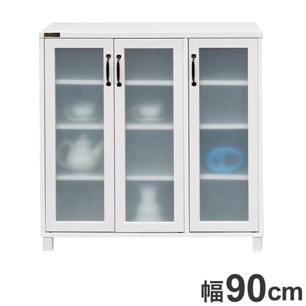 キャビネット 幅90cm コンパクト ホワイト シンプル ガラス調 扉 北欧 飛散防止 棚 収納棚
