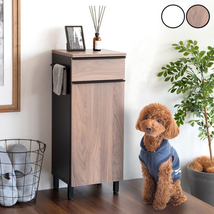 ドッグラック Paseo スリムラック ペット用収納 幅33cm 木製 組立品 開き扉 引き出し付き サイドフック付き ブラウン