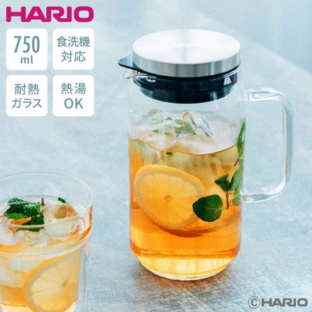 HARIO ウォータージャグ 750ml 耐熱ガラス 食洗機対応 ピッチャー ピッチャー 麦茶ポット ステンレス フタ 取っ手付き 冷水筒 冷水ポット ドアポケット 扉 熱湯OK 縦ライン スタイリッシュ