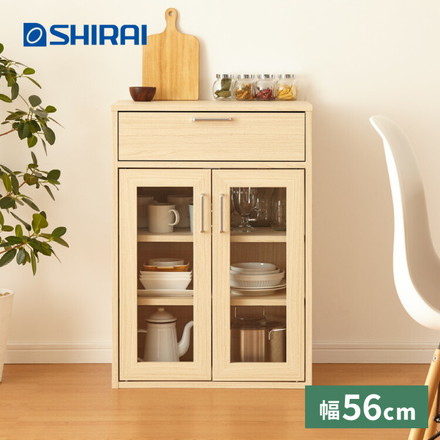 キャビネット 引き出し付き フルニコ 幅56.6cm ナチュラル 大容量 収納 高さ80cm 木目調 ガラス扉