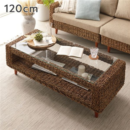 ローテーブル 約幅120cm 強化ガラス天板 脚付き 棚付き 自然素材 アバカ テーブル