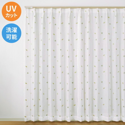 刺繍レースカーテン リーフ柄 UVカット 紫外線 葉っぱ 刺繍 遮熱 保温 省エネ 節電 かわいい 紫外線対策 幅100cm×丈103cm2枚組