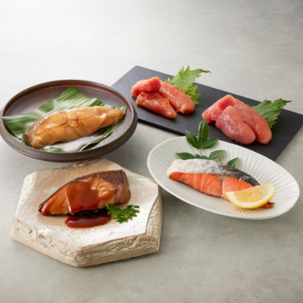 鳥取 「山陰大松」 氷温熟成　簡単便利な惣菜ギフト（辛子明太子150ｇ、あごだしうまみたらこ150ｇ、かれい醤油煮100g×1、紅鮭塩焼き60g×1、ぶりの照焼き90g×2）