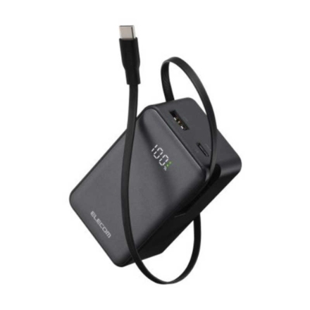 モバイルバッテリー エレコム 巻取リ式ケーブル一体 35W 10000mAh DE-C82L-10000BK 黒
