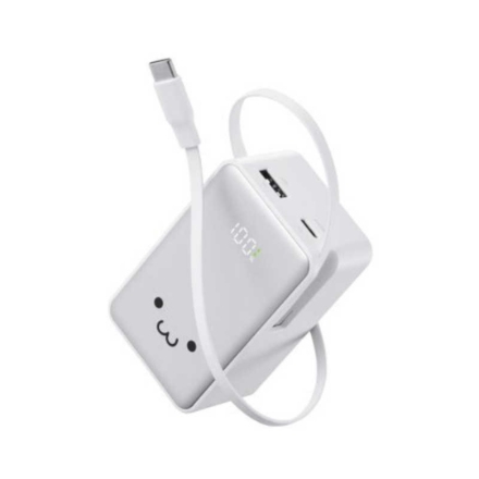 モバイルバッテリー エレコム 巻き取り式ケーブル一体型(10000mAh/35W) DE-C82L-10000WF 白×黒