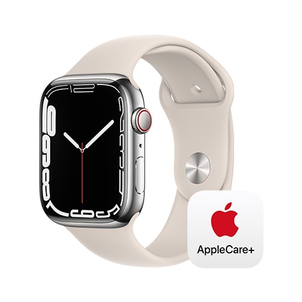 Apple Watch Series 7（GPS + Cellularモデル）- 45mmシルバーステンレススチールケースとスターライトスポーツバンド - レギュラー with AppleCare+