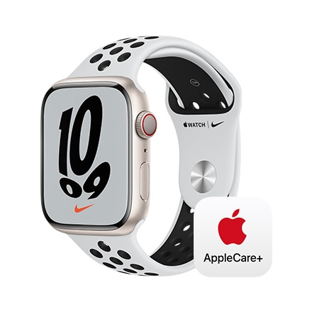 Apple Watch Nike Series 7（GPS + Cellularモデル）- 45mmスターライトアルミニウムケースとピュアプラチナム/ブラックNikeスポーツバンド - レギュラー with AppleCare+