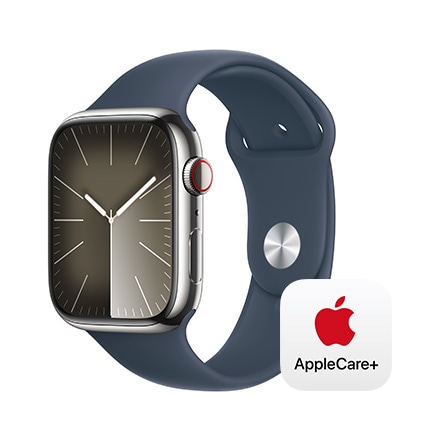 Apple Watch Series 9（GPS + Cellularモデル）- 45mmシルバーステンレススチールケースとストームブルースポーツバンド - M/L with AppleCare+