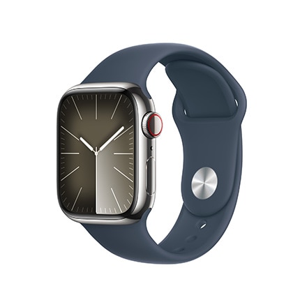 Apple Watch Series 9（GPS + Cellularモデル）- 41mmシルバーステンレススチールケースとストームブルースポーツバンド - S/M