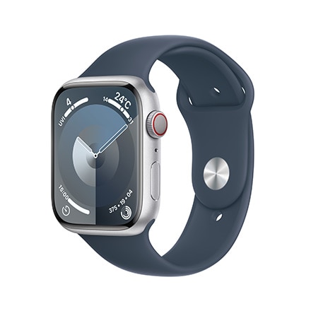 Apple Watch Series 9（GPS + Cellularモデル）- 45mmシルバーアルミニウムケースとストームブルースポーツバンド - M/L