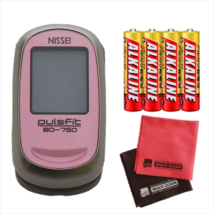 日本精密測器 NISSEI パルスオキシメーター パルスフィット ピンク 指先クリップ型 BO-750 ＆ 単四電池4本 ＆ クロス2枚