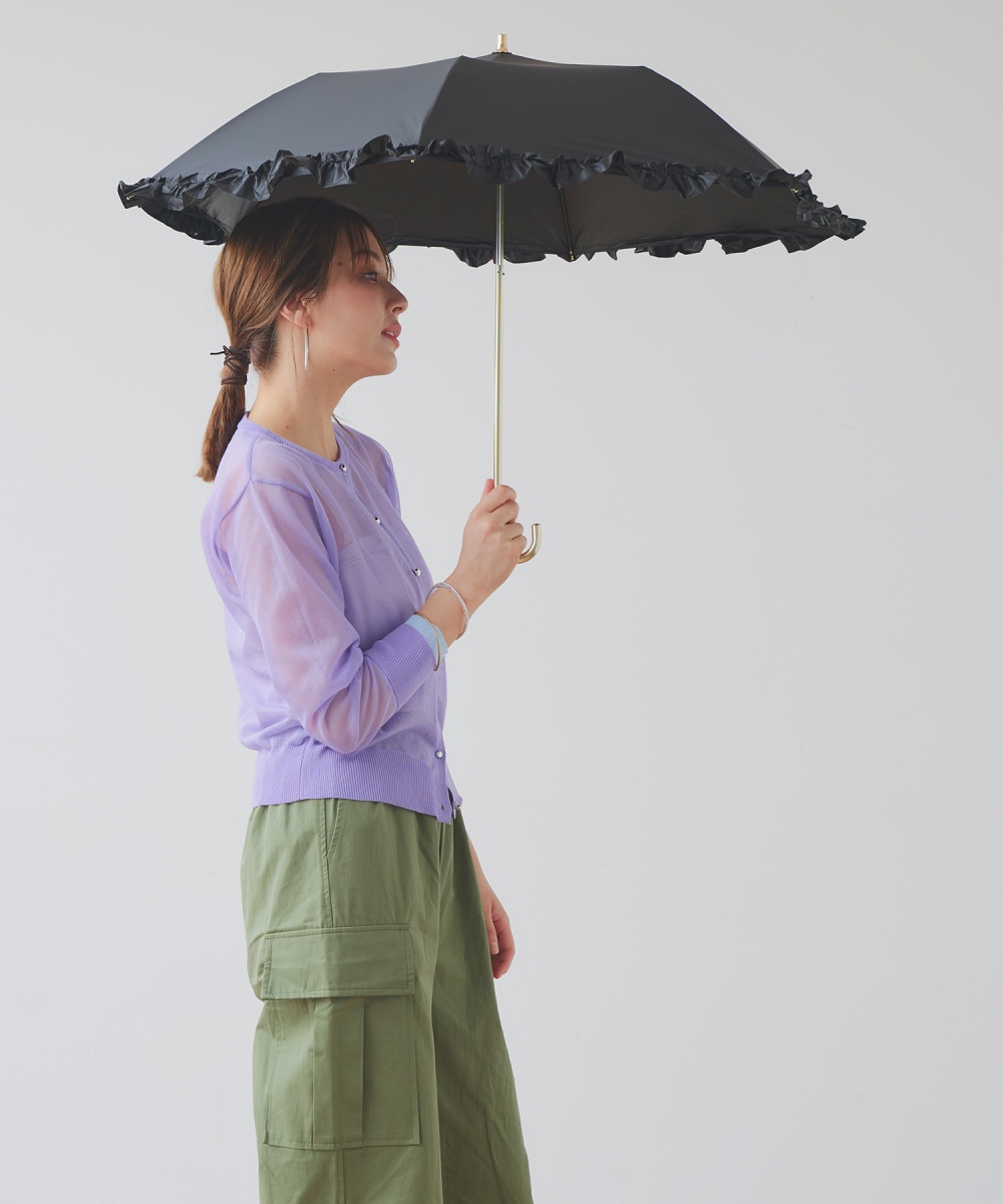 完全遮光 遮光率100% UVカット100% 晴雨兼用 軽量 スリム三段 折りたたみ傘 uchimizu ウチミズ フリル ブラック