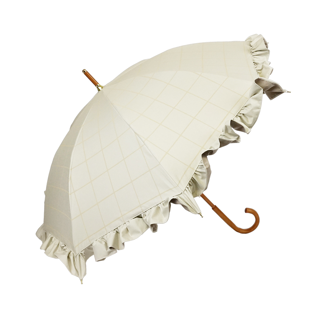 完全遮光 日傘 遮光率100% UVカット100% Paraffi パラフィ ショート傘 チェック柄 フリル アイボリー