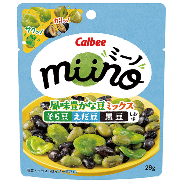 カルビー miino(ミーノ) 風味豊かな豆ミックス そら豆えだ豆黒豆 しお味 28g×12袋入 メーカー 問屋直送|Calbee お菓子 スナック菓子 豆菓子 そら豆 えだ豆 黒豆 しお味