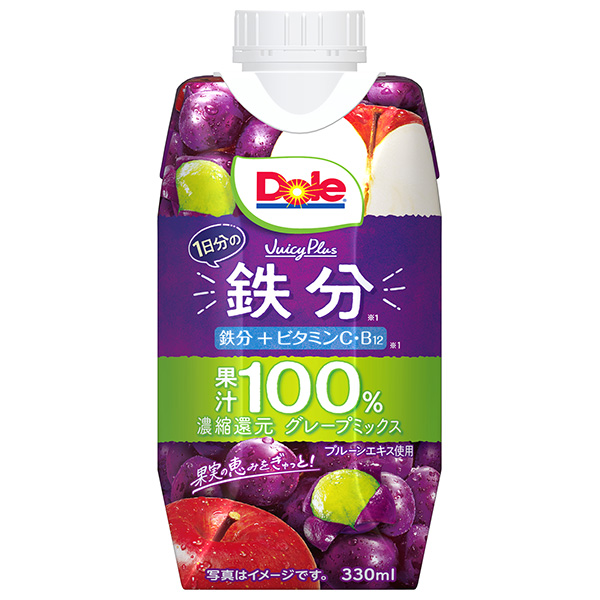 雪印メグミルク Dole(ドール) Juicy Plus 1日分の鉄分 330ml紙パック×12本入|果汁100% ジュース グレープ リンゴ