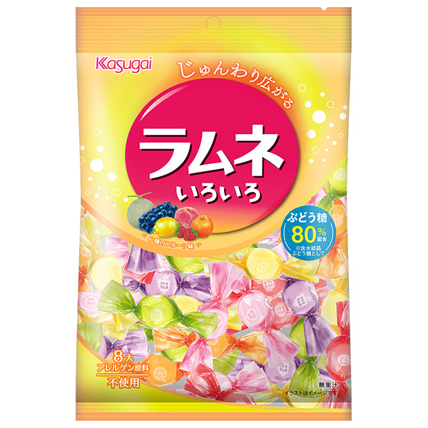 春日井製菓 ラムネいろいろ 80g×12袋入 メーカー 問屋直送|お菓子 袋 フルーツ味 ブドウ糖 ラムネ