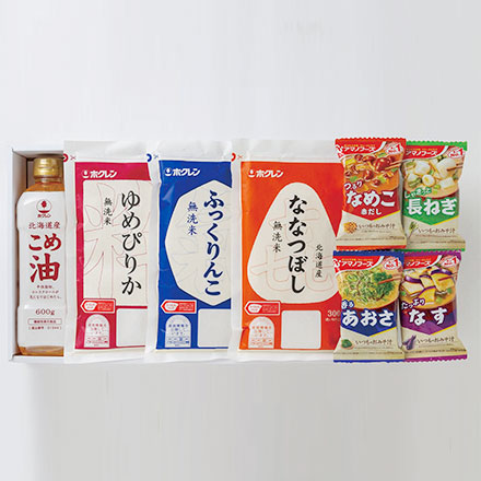 無洗米、こめ油、みそ汁