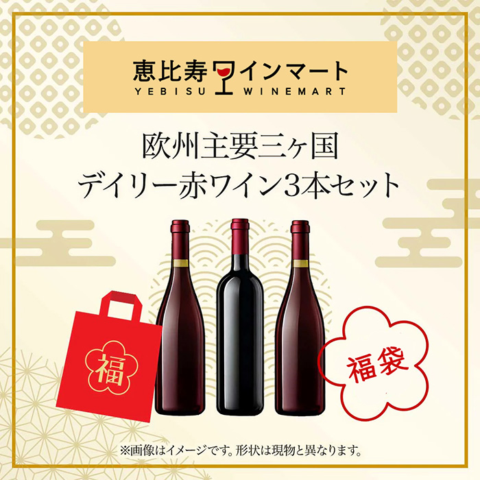 福袋 欧州主要三ヶ国 デイリー赤ワイン3本セット 1/6以降順次お届け