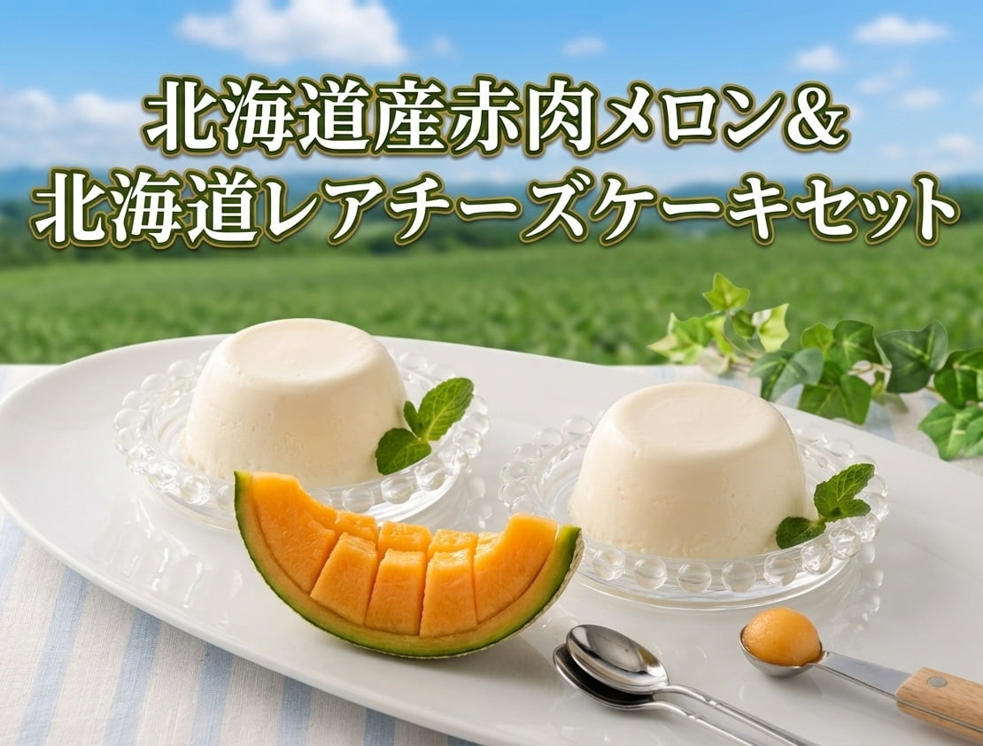 北海道産赤肉メロン(約1.6kg)＆北海道レアチーズケーキ×5個
