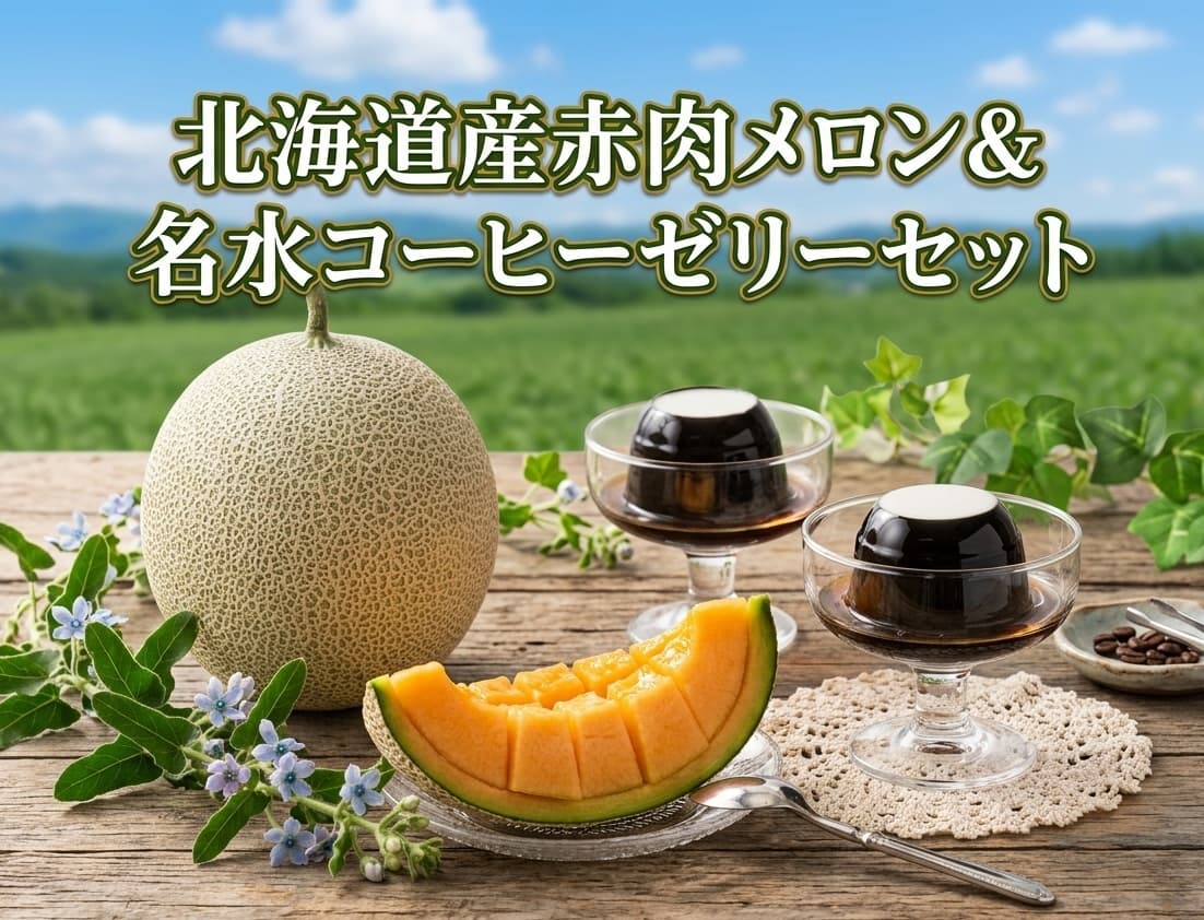 北海道産赤肉メロン(約1.6kg)＆名水珈琲ゼリー×6個