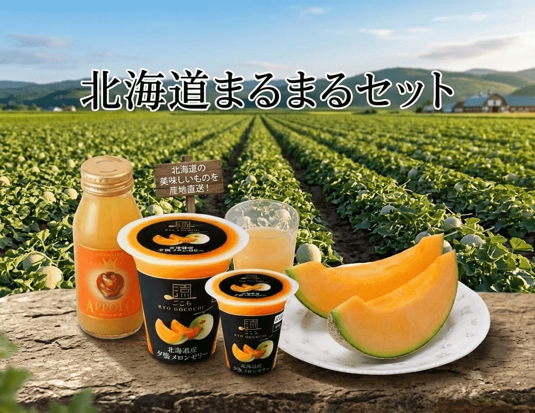 【出荷時期7月上旬～9月上旬まで(受付8/22終了)】夏のまるまる北海道セット(北海道メロン・涼ごこち夕張メロンゼリー・りんごジュース) 0000-020212