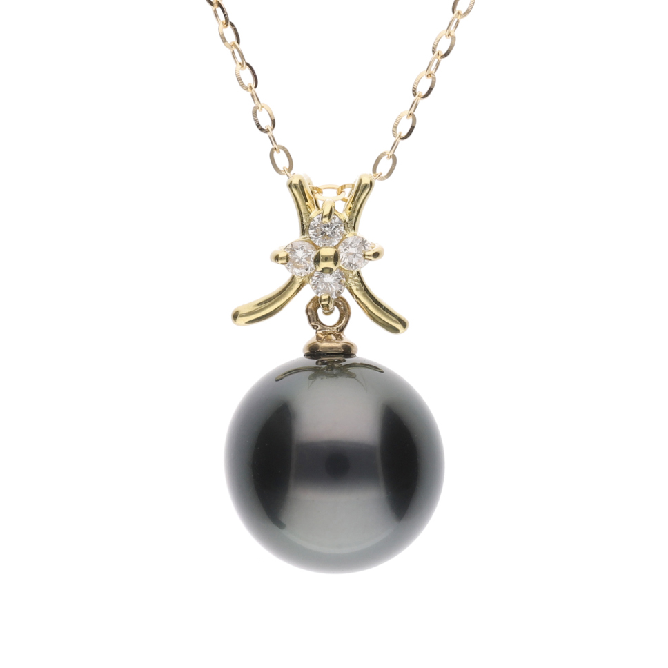 ERIS VELINA【久遠】ブラックパール（黒蝶真珠・8mm・セミラウンド系）天然ダイヤモンド K18 イエローゴールド ペンダント ネックレス（トゥインクルチェーン・45cm・0.65mm）