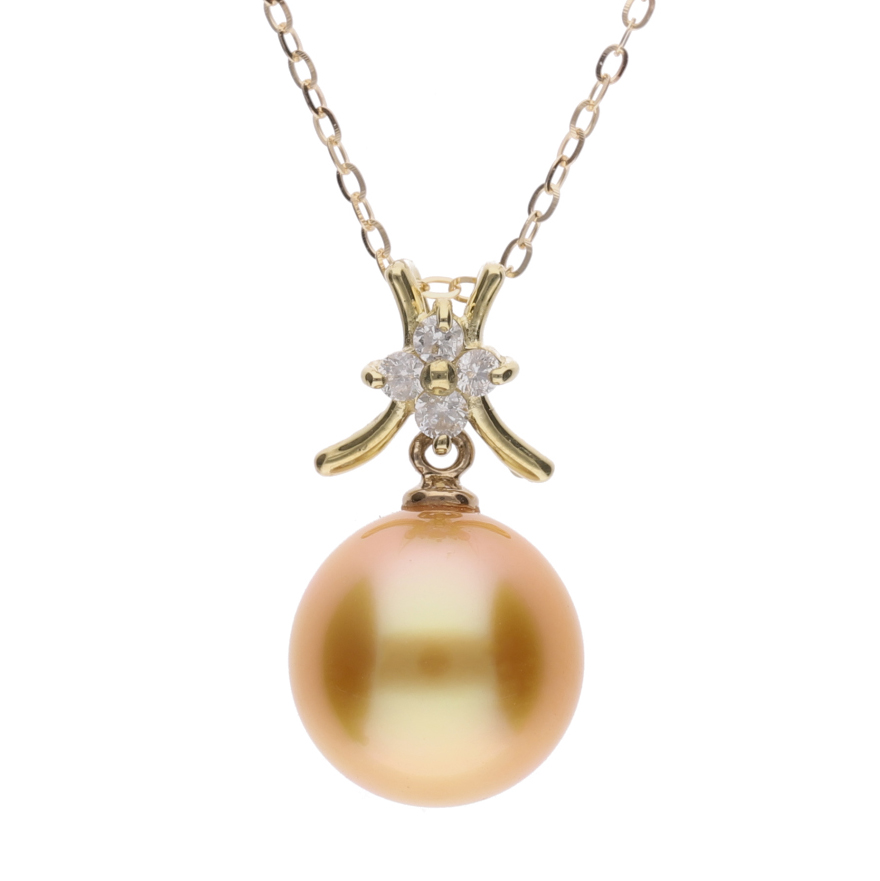 ERIS VELINA【久遠】ゴールデンパール（白蝶真珠・8mm・セミラウンド系）天然ダイヤモンド K18 イエローゴールド ペンダント ネックレス（トゥインクルチェーン・45cm・0.65mm）