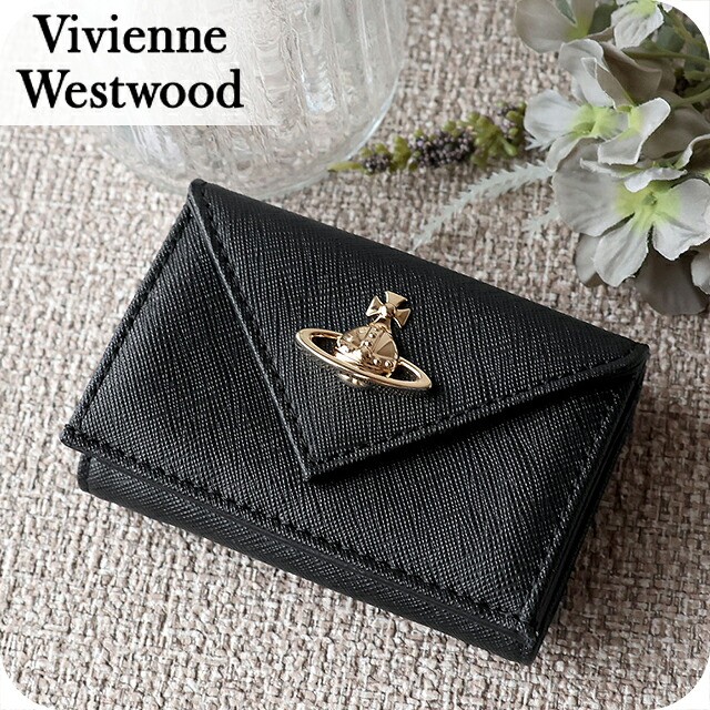 ヴィヴィアン ウエストウッド 三つ折り財布 コンパクト 三折財布 レディース ブランド Vivienne Westwood SAFFIANO 革 レザーウォレット 小銭入れあり ロゴ 51150009 L001N N403 BLACK GOLD ビビアン 高級 おしゃれ プレゼント 実用的