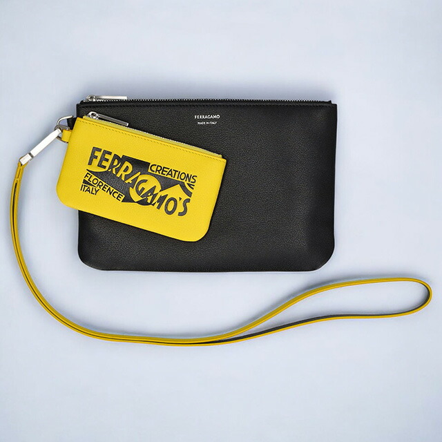 フェラガモ ポーチ メンズ レディース Ferragamo 661466CALF YE NE 776 210 ブラック／イエロー 持ち歩き 小さい 小物入れ ブランド 高級 おしゃれ プレゼント 男性 実用的 かっこいい