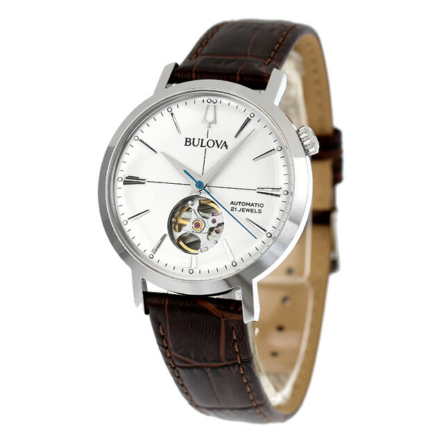 ブローバ クラシック エアロジェット 自動巻き 腕時計 ブランド メンズ オープンハート BULOVA 96A318 アナログ ホワイト ダークブラウン 白 おしゃれ 防水 プレゼント 男性 実用的