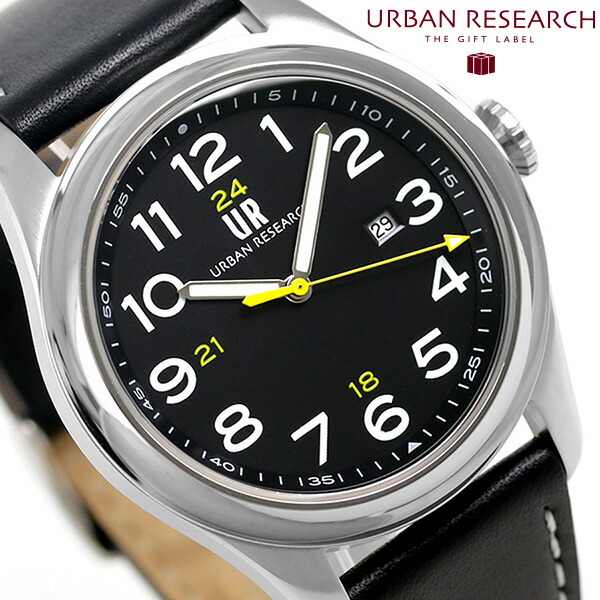 URBAN RESEARCH 3針デイト 革ベルト メンズ 腕時計 UR001-01 アーバンリサーチ ブラック 時計 ブランド おしゃれ 防水 プレゼント 男性 実用的