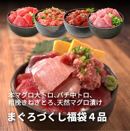 まぐろ尽くし福袋 増量版 大トロ 中トロ ネギトロ づけたっぷり4品820g [マグロ尽くし福袋-2p]