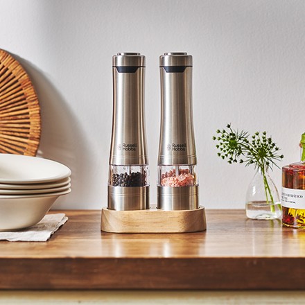 〈ラッセルホブス〉 電動ミル ソルト・ペッパー ウッドスタンドセット