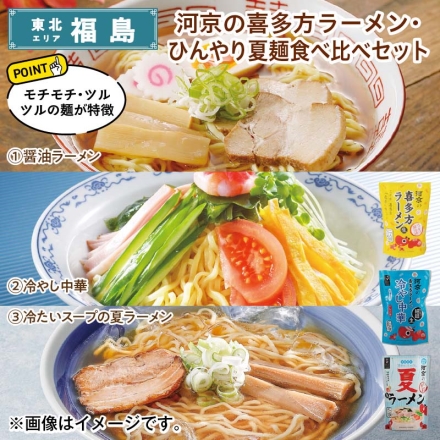 河京の喜多方ラーメン・ひんやり夏麺食べ比べセット （1）醤油ラーメン（生めん120g・醤油スープ35g 各2）、（2）冷やし中華（生めん120g・冷やし中華スープ50g 各2）、（3）冷たいスープの夏ラーメン（生めん130g・スープ40g 各2） 送料込み