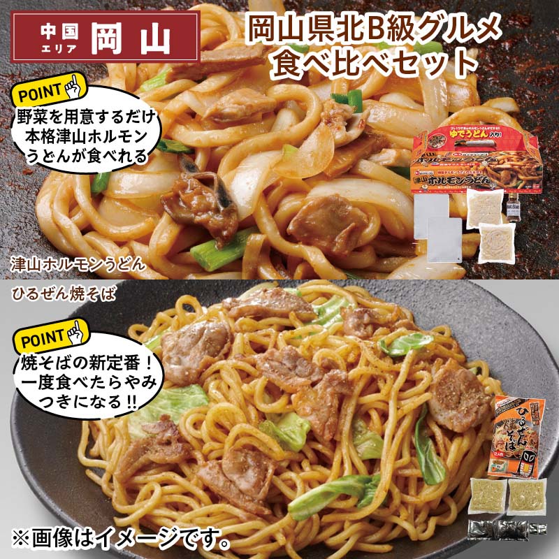 岡山県北Ｂ級グルメ食べ比べセット 津山ホルモンうどんセット（ホルモンうどんのたれ125g、牛もつ煮70g・ゆでめん200g 各2）、ひるぜん焼そば（ゆでめん150g・タレ40g・山椒0.2g 各2） 送料込み