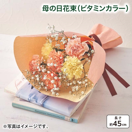母の日花束（ビタミンカラー） サイズ（約）＝長さ45cm 素材＝花材／カーネーション（オレンジ系4本・黄色系2本）、カスミソウ 母の日 送料込み