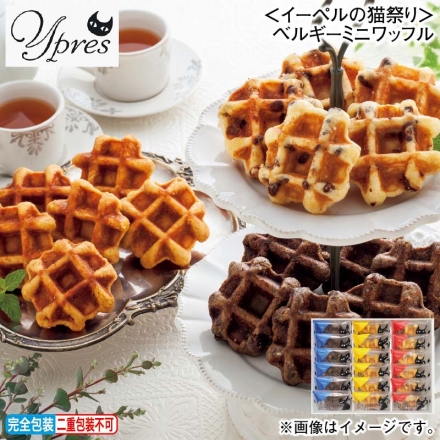 お歳暮のし付き ＜イーペルの猫祭り＞ベルギーミニワッフル メープル・チョコレート・チョコチップ 各6個